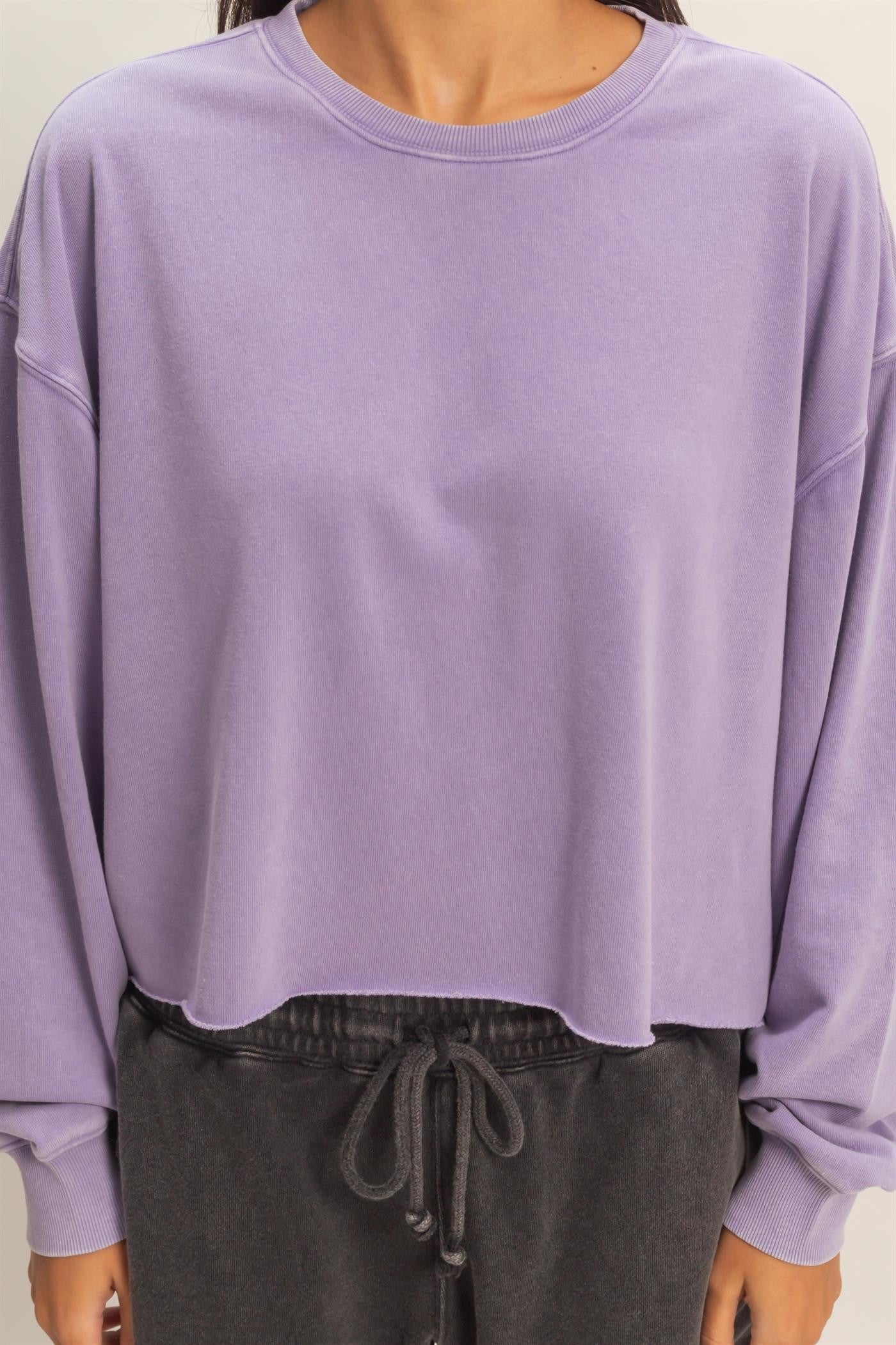 Cropped Mineral Wash Sweatshirt in lavender, loose boxy fit; available in sizes XS–XL.