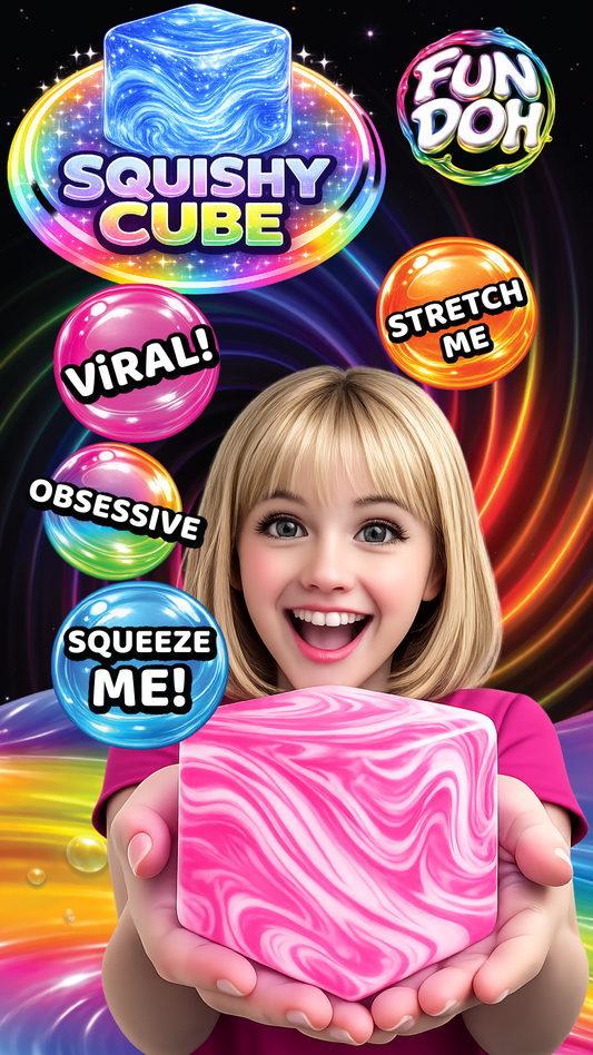 Fun Doh Swirl Squishy Cube: pink and white sensory fidget toy. Sizes: small, medium, large. Text reads "Stretch Me," "Squeeze Me.
