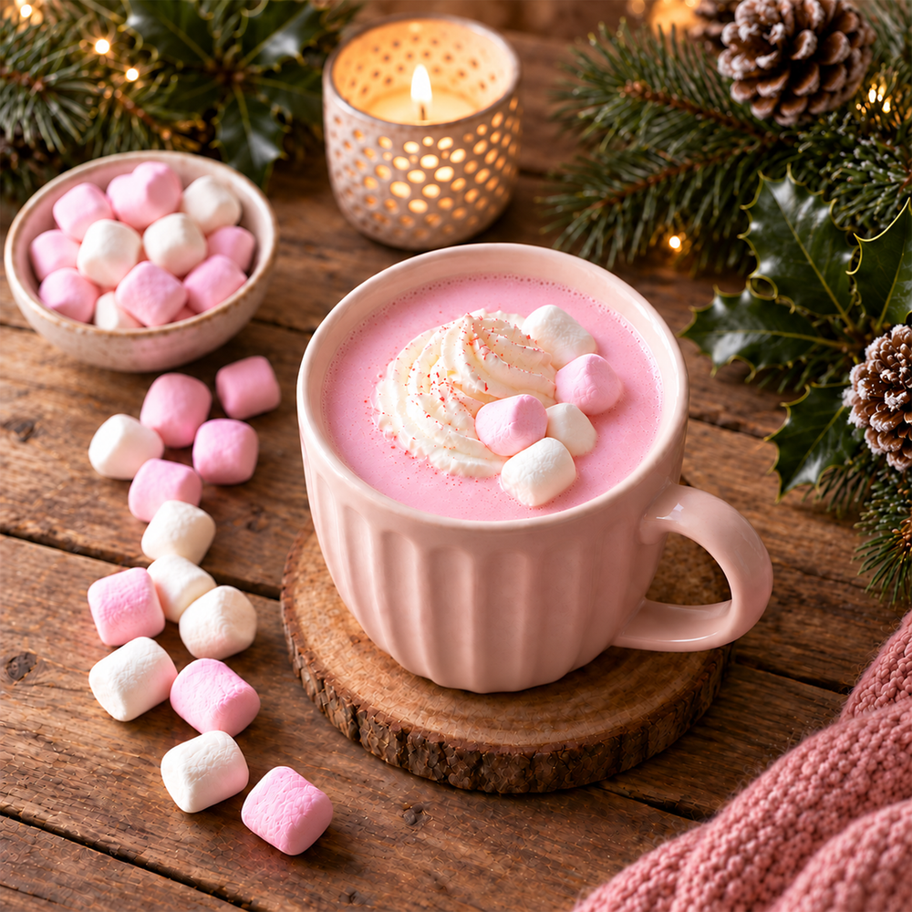 Sugar Free Pink Peppermint Marshmallow syrup in pink peppermint hot cocoa. Available in 750ml.