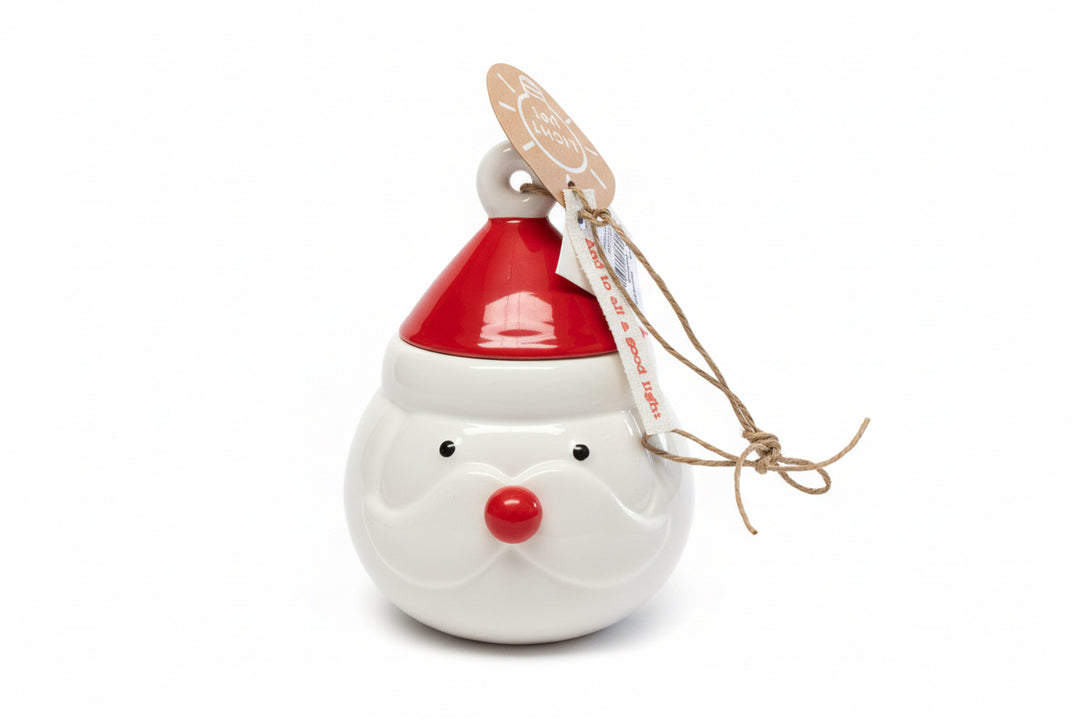 Ceramic Santa Claus light-up ornament with red hat and nose, jute twine, and paper gift tag.