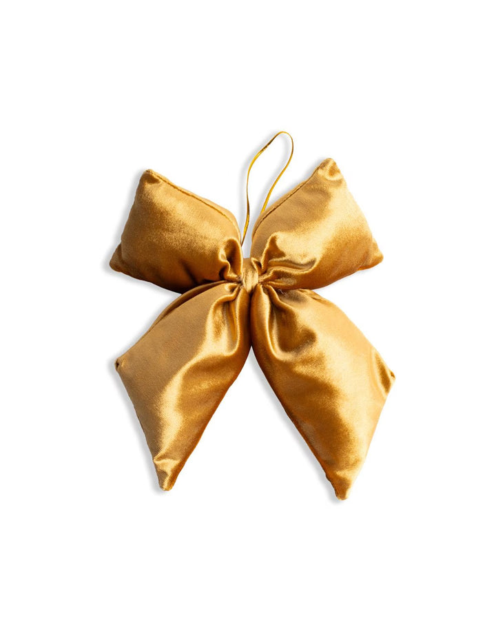 Evelyn Bow Ornament in gold velvet with hanging loop.