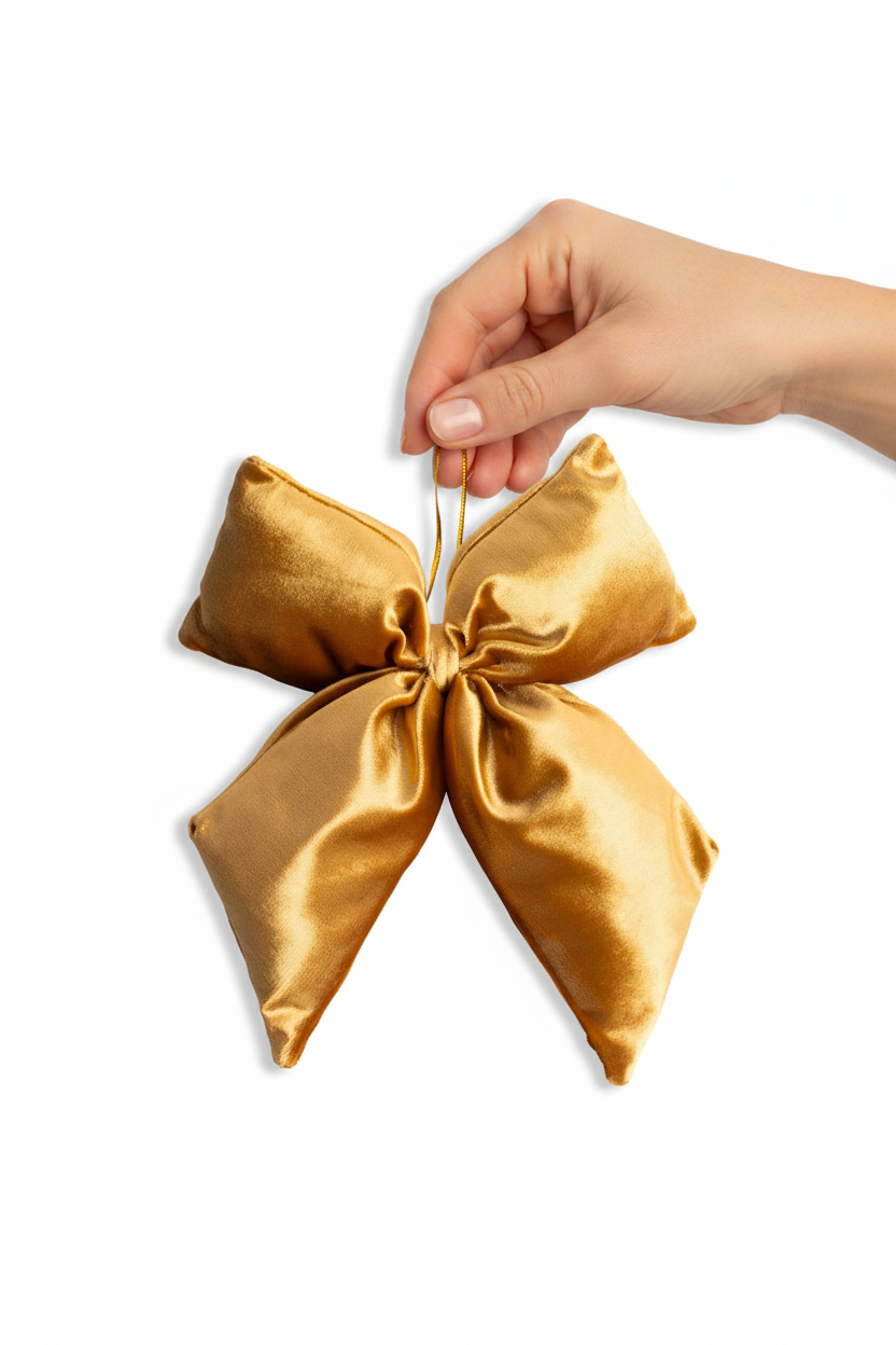 Evelyn Bow Ornament in gold, featuring a gold satin bow.