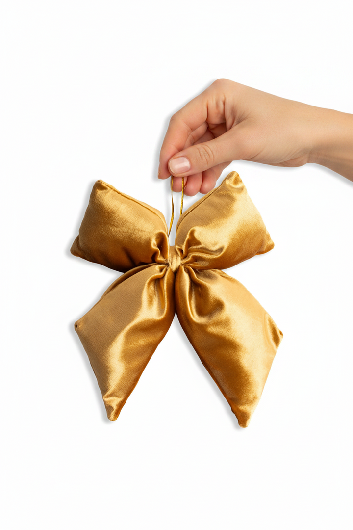 Evelyn Bow Ornament in gold, featuring a gold satin bow.