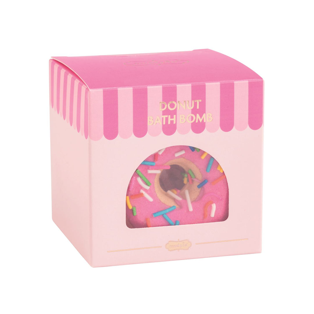 Pink Café Bath Bomb box with cutout window, pastry-shaped bath bomb with sprinkles. Available in multiple sizes.