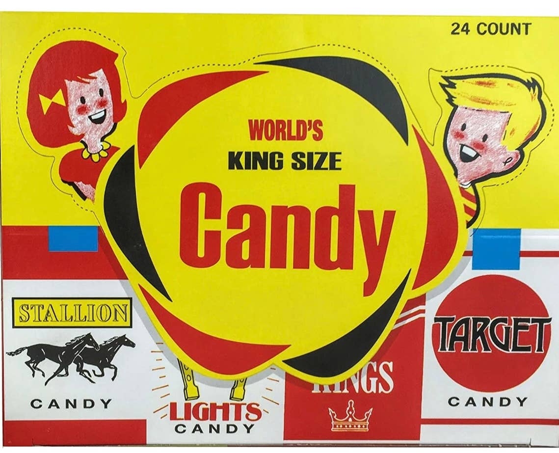 Candy Cigarettes in colorful illustrated box labeled "WORLD'S KING SIZE Candy." Available in 24-count size.