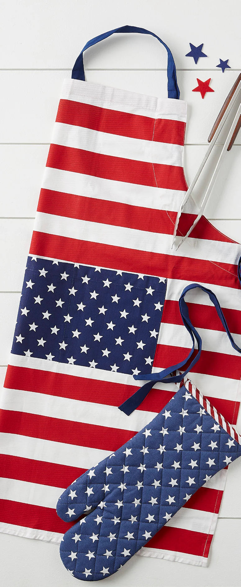 Stars & Stripes Apron set: red/white stripes, blue pocket with stars, oven mitt. Available in adult and child sizes.