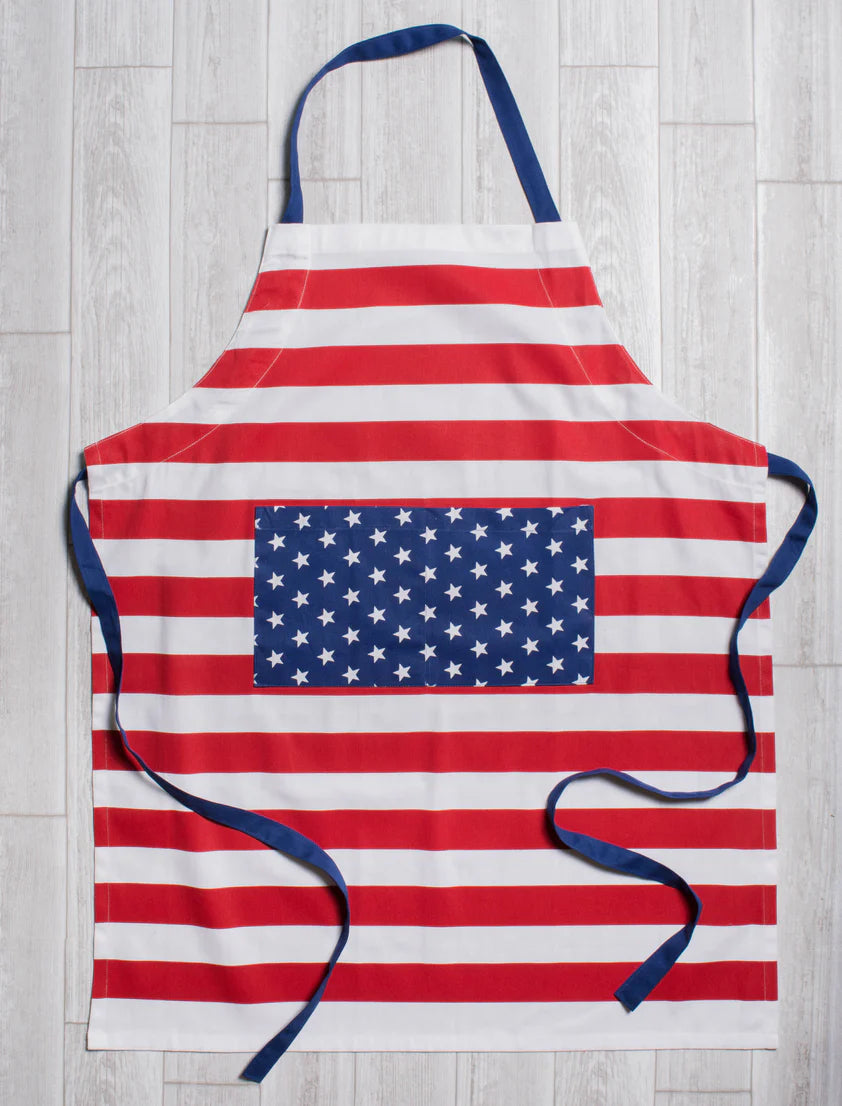 Cotton adjustable apron with red and white stripes, blue pocket with white stars. Available in S, M, L.