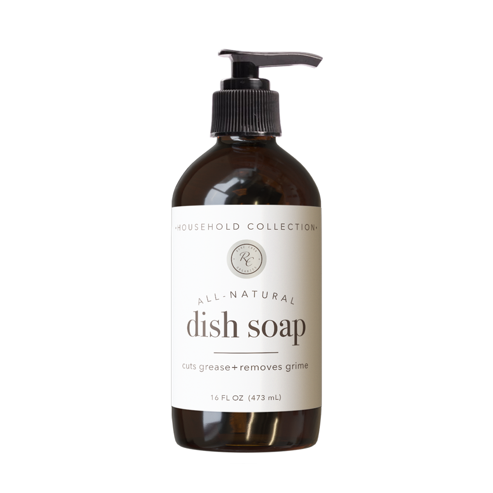 Brown 16-ounce pump bottle labeled “DISH SOAP | 16 oz” with a white label highlighting its toxin-free formula and grease-cutting benefits, topped with a black pump.