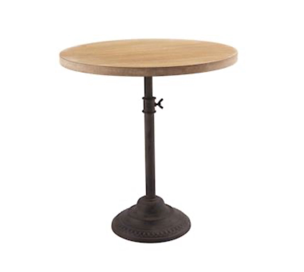 This product features a round wooden tabletop fixed on an adjustable server base. The tabletop showcases a natural wood grain finish, providing an organic and rustic touch to any setting. The server base can be easily adjusted for varying heights, offering versatile use across different occasions and needs. Available in multiple sizes to suit individual space requirements. Not part of a pair or set; the listing is solely for the adjustable wooden table described.