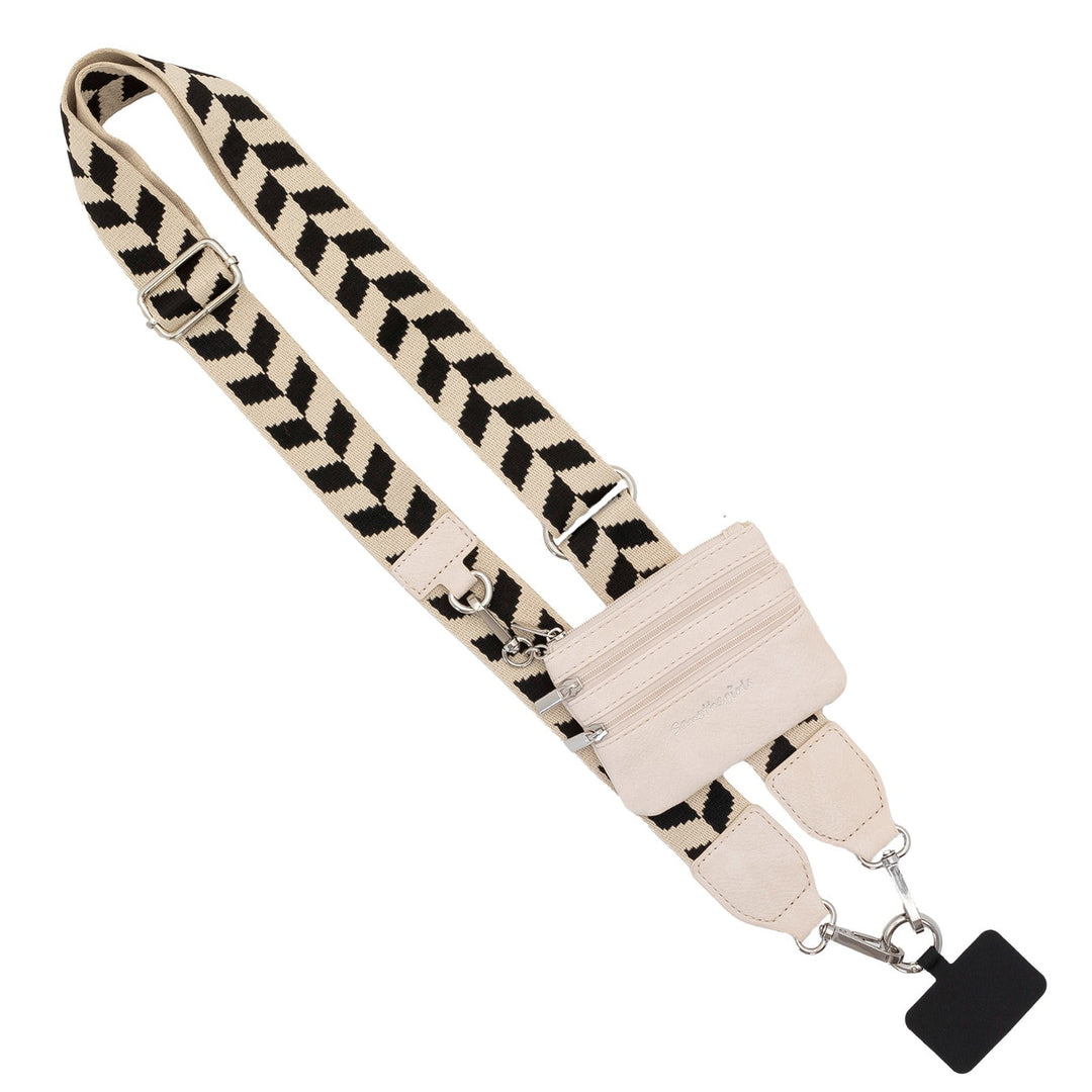 Beige and black chevron adjustable phone crossbody pouch with silver hardware, black tag, metal clips, rings. Sizes: S/M/L.