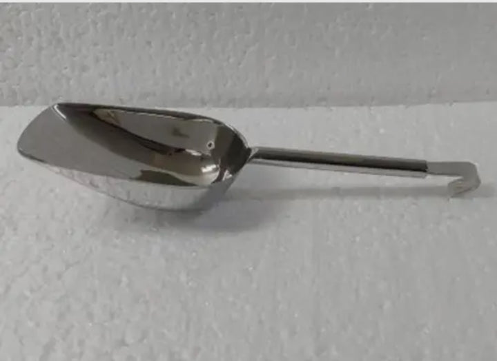 Curved Scoop with Hook Handle in stainless steel, deep rectangular bowl, long hooked handle; available in 8", 10", and 12" sizes.