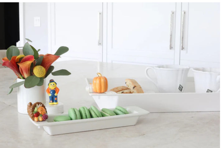 Cracker Tray Pinstripes shown; available in small, medium, and large sizes. White with pinstripe design.