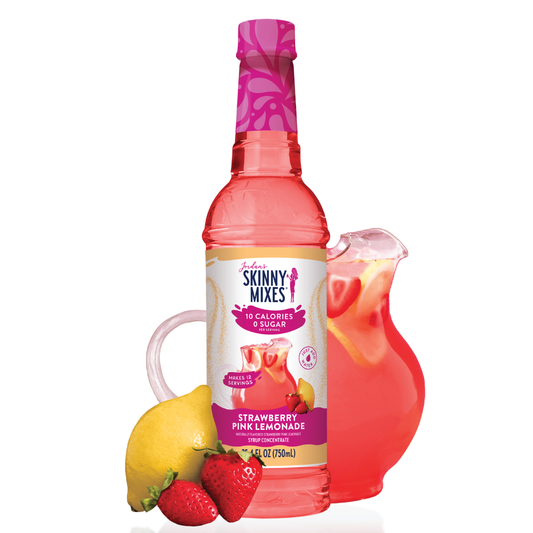 Strawberry Pink Lemonade Syrup Concentrate bottle labeled "10 calories, 0 sugar." Available in multiple sizes.