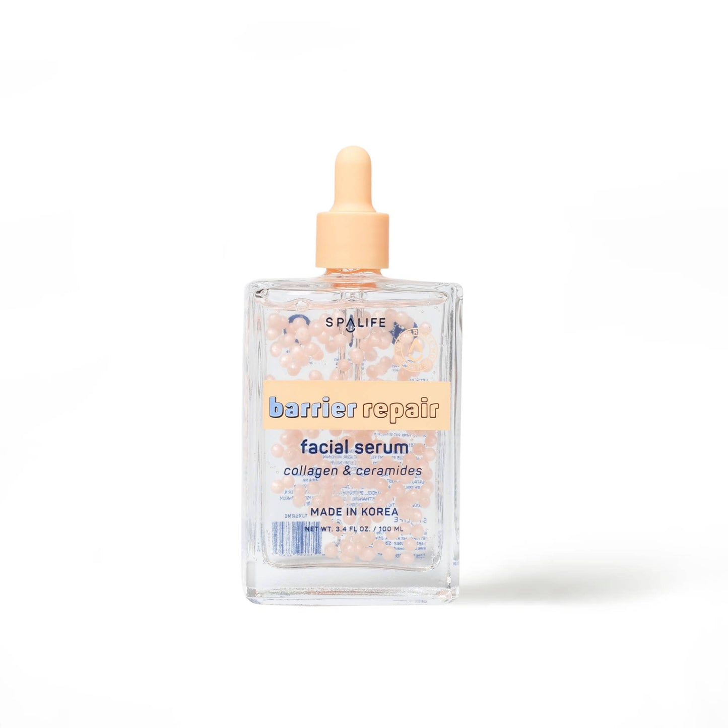 A clear bottle of Barrier Repair Korean Collagen & Ceramide Face Serum with a peach-colored dropper cap and visible pink and white capsules. Text reads “Made in Korea.” Available in 30ml and 50ml sizes.