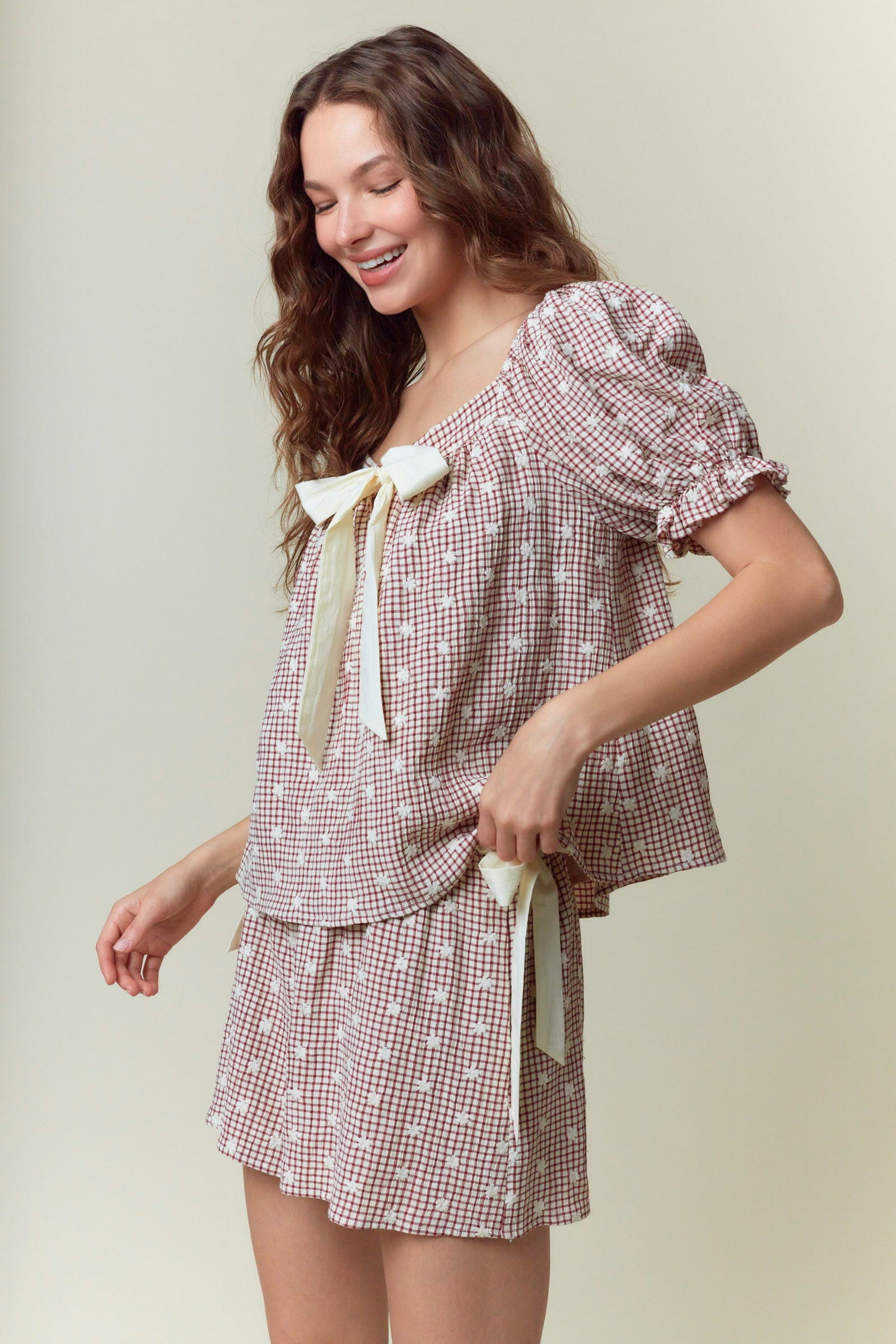 Gingham Embroidered Short Set: pink/white gingham, puffy sleeves, cream bows. Sizes: XS-XL.
