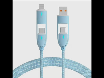 Blue braided 3ft 4-in-1 charging cable with interchangeable USB, USB-C, and Lightning connectors. Size: 3ft.