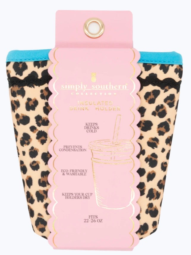 Leopard Print Insulated Drink Holder with blue trim and pink tag, fits 22–26 oz cups, keeps drinks cold, prevents condensation, and is washable.