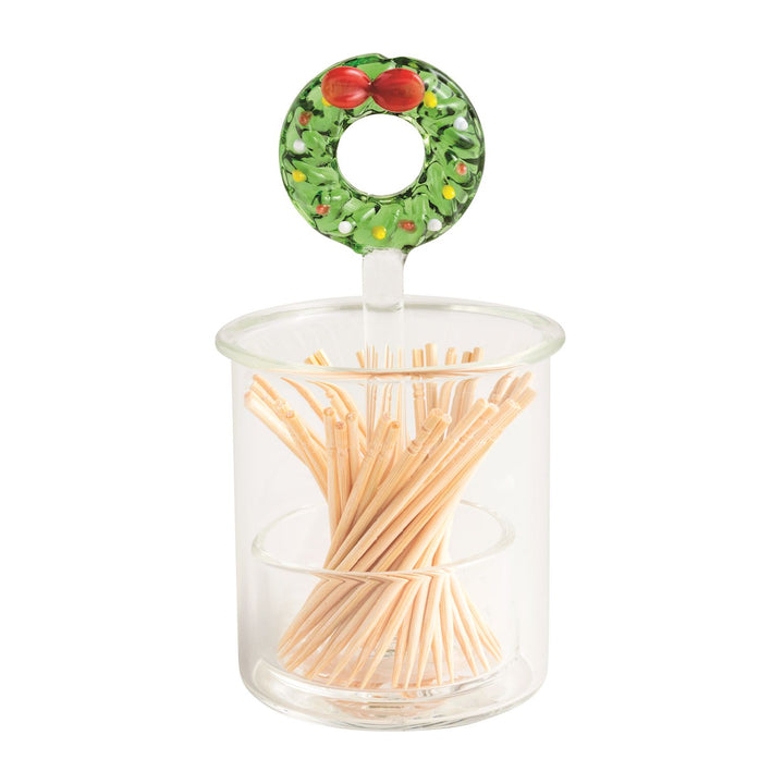 Clear glass Holiday Toothpick Holder with a holiday wreath handle and red bow.