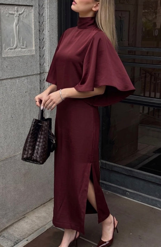 Satin Tie Back Midi Dress in burgundy with wide sleeves and high neckline. Available in sizes XS–XL.