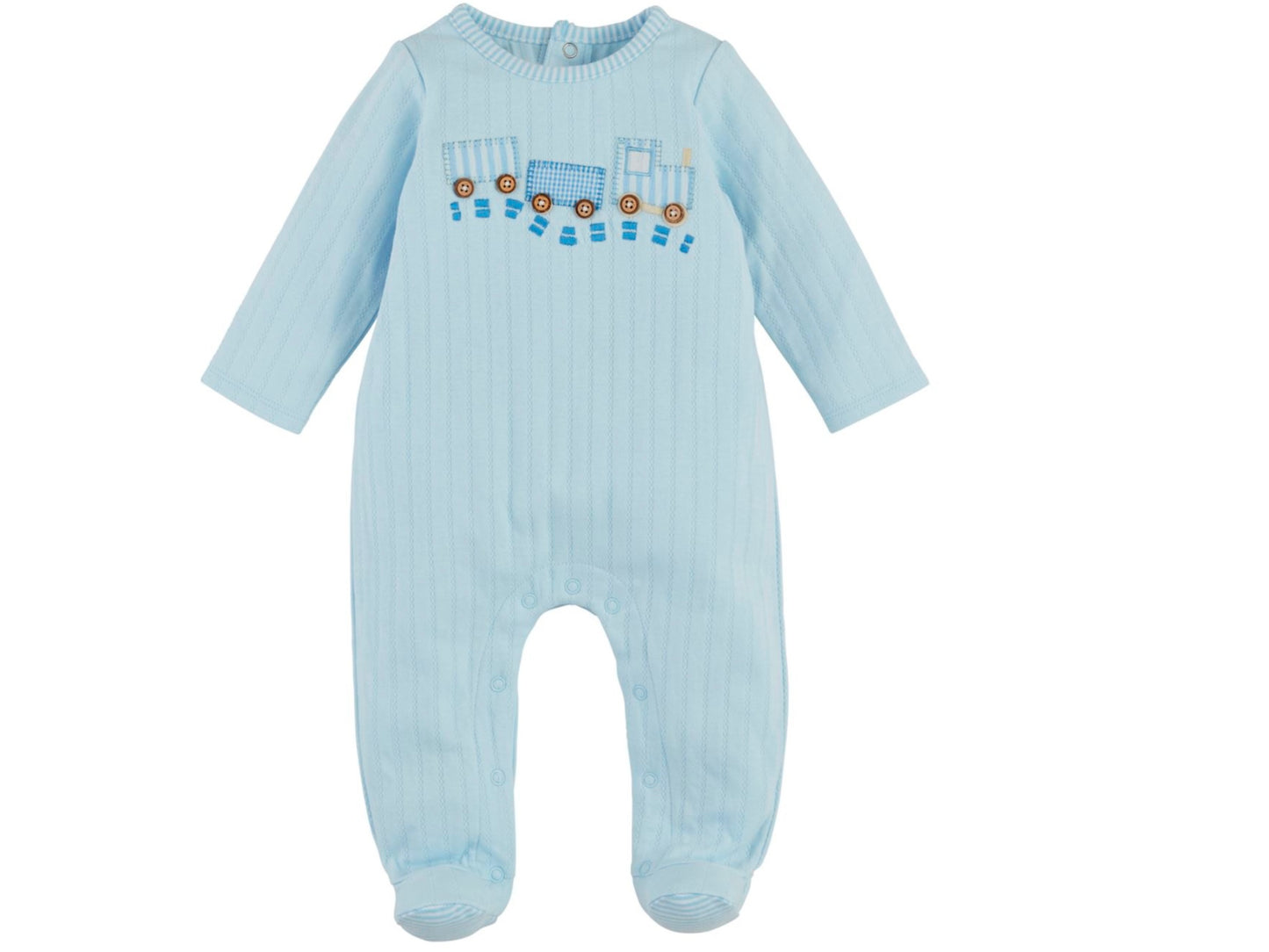 Light blue, long-sleeve footed sleeper with blue train detail, snap buttons. Available in sizes NB-24M.