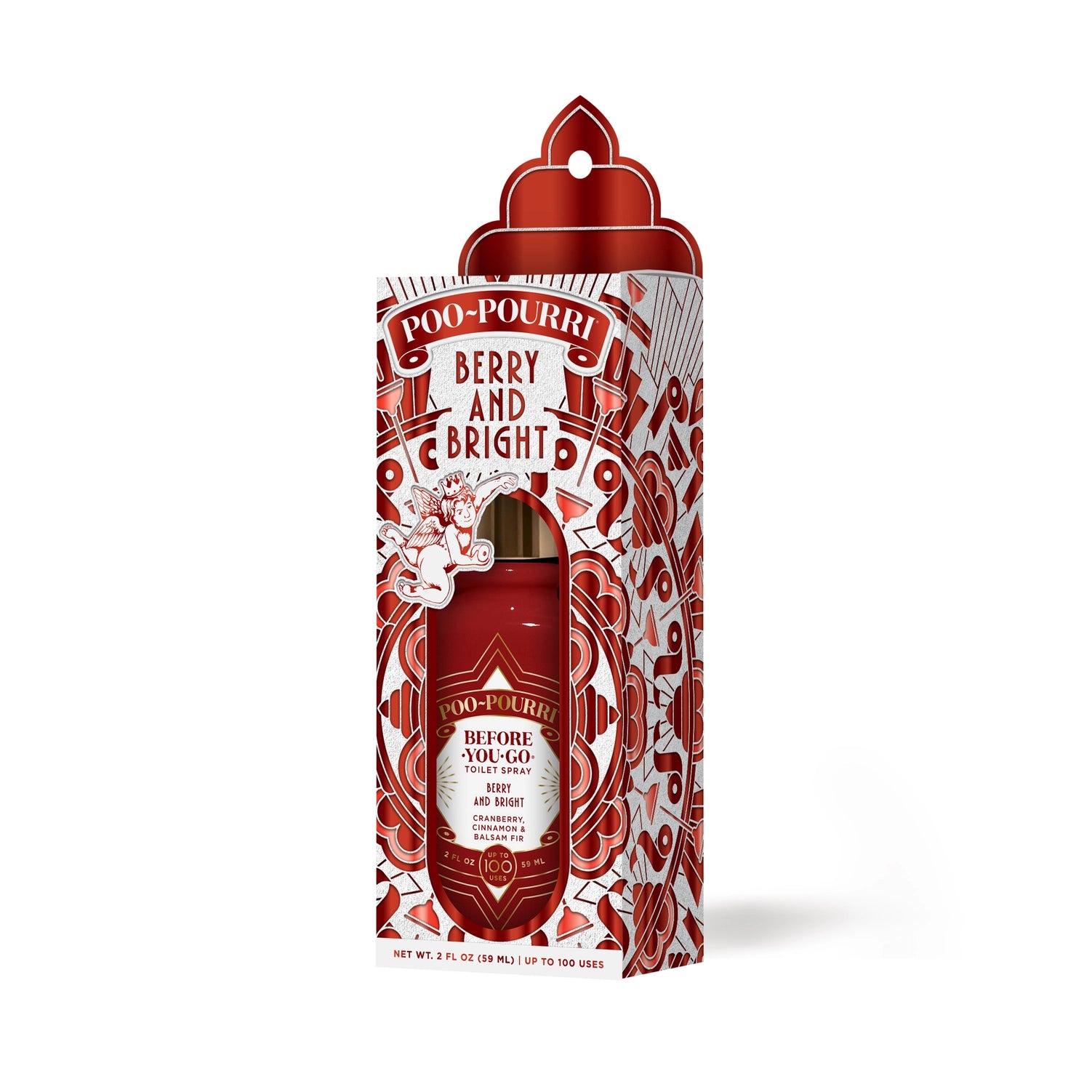 The Holiday~Pourri 2 oz Toilet Spray features a "Berry and Bright" Limited Edition Scent with essential oils. Festive red and white packaging with decorative patterns and a vintage-style character illustration make it perfect for the season. Available in 2 oz size.