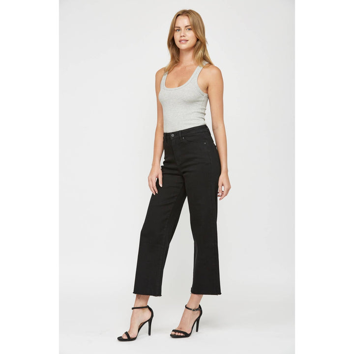 Wide-leg cropped jeans in Black Mica Denim with a raw hem, size 31.