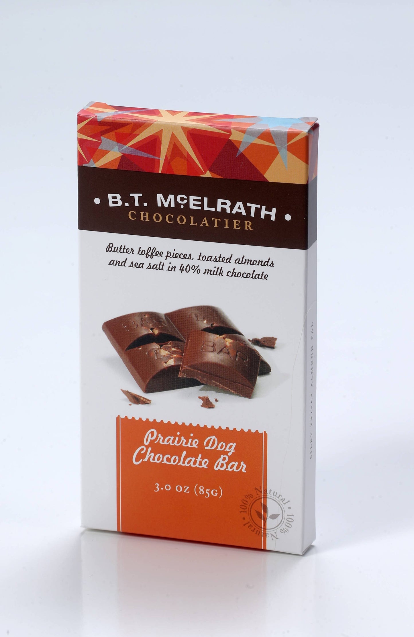 Prairie Dog Chocolate Bars box, 40% milk chocolate with butter toffee, almonds, sea salt. Available in multiple sizes.
