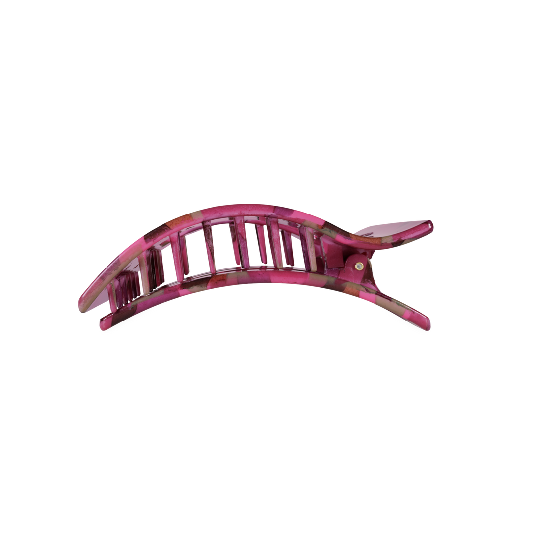 Pink, semi-transparent plastic hair clip with a curved shape and open slats; available in medium size.