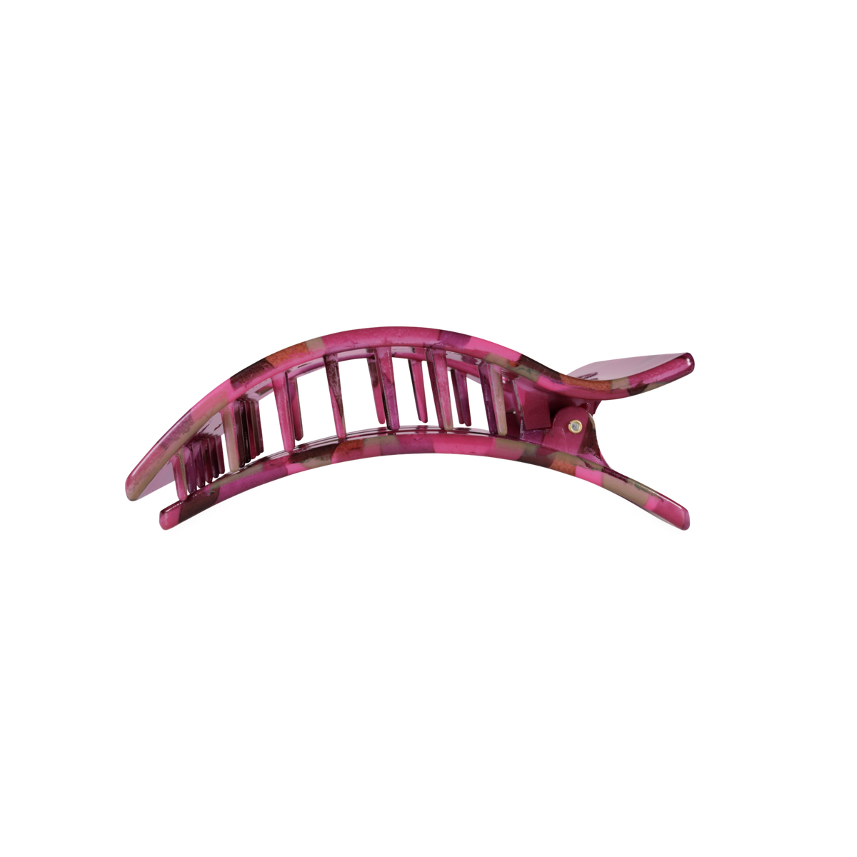 Pink, semi-transparent plastic hair clip with a curved shape and open slats; available in medium size.