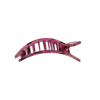 Pink, semi-transparent plastic hair clip with a curved shape and open slats; available in medium size.