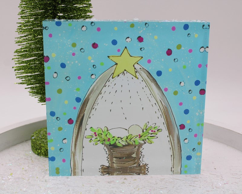 Acrylic Block Sign Nativity with stylized nativity scene, manger, greenery, and large yellow star. Available in various sizes.