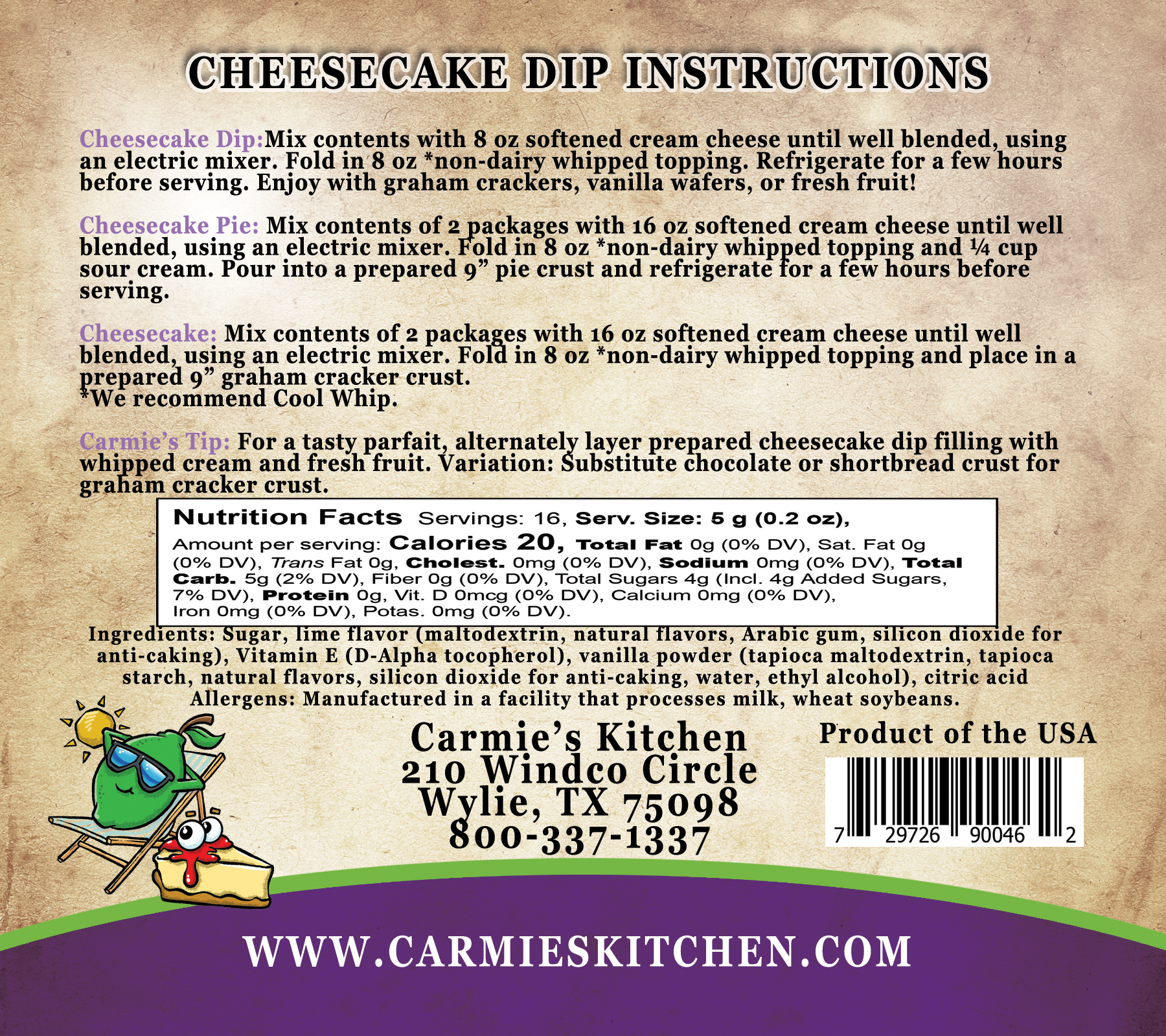 Back of Carmie's Kitchen Keylime Pie Cheesecake Dip Mix, showing instructions, nutrition, contact info. 2.1 oz package.