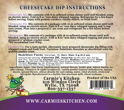 Back of Carmie's Kitchen Keylime Pie Cheesecake Dip Mix, showing instructions, nutrition, contact info. 2.1 oz package.