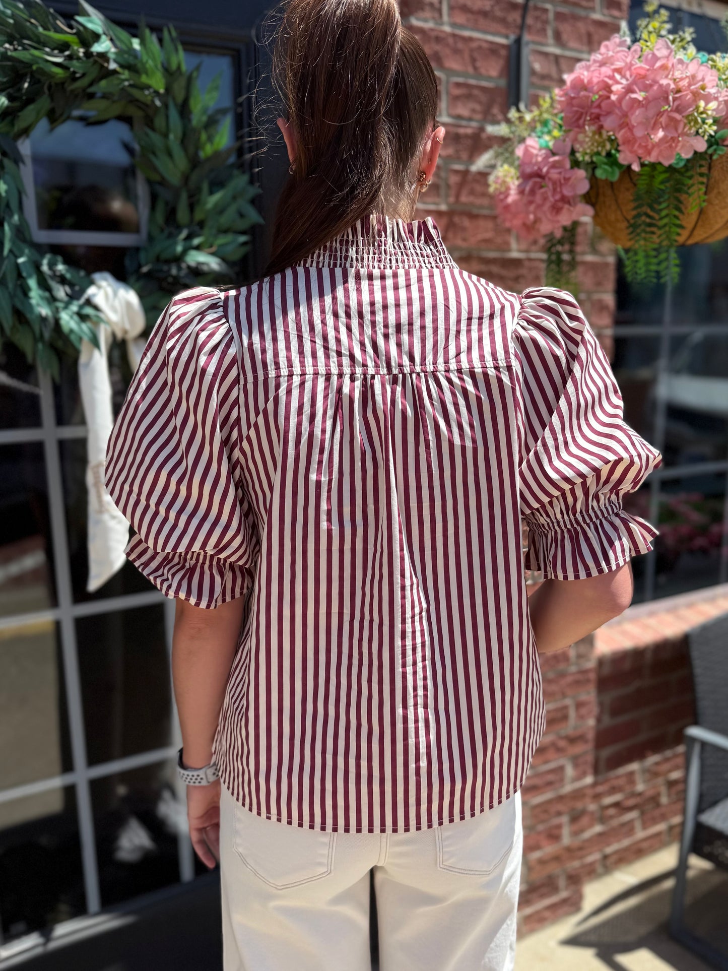 Maroon Striped Cinched Blouse, available in sizes XS-XL.
