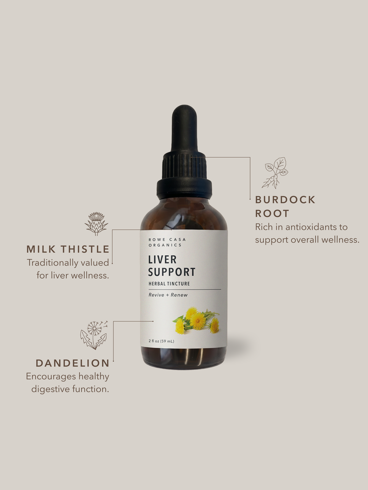 2 oz dropper bottle labeled “Liver Support Herbal Tincture” with illustrations of dandelion, milk thistle, and burdock.