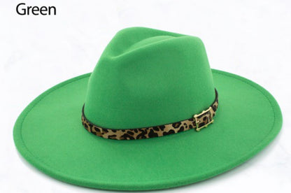 Bright green wide brim hat with brown and black leopard print band and gold buckle. Available in S, M, L, XL.