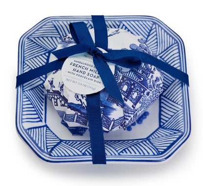 Blue Willow Sandalwood Scented French Milled Soap, wrapped in blue and white paper with a blue ribbon and round label. Available sizes: 3 oz, 6 oz.
