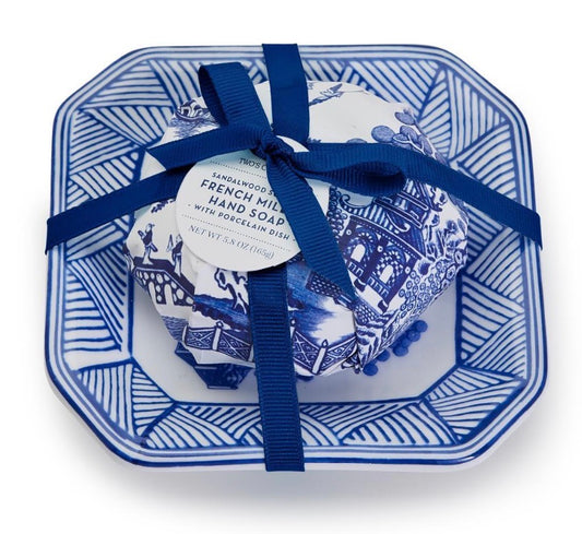 Blue Willow Sandalwood Scented French Milled Soap, wrapped in blue and white paper with a blue ribbon and round label. Available sizes: 3 oz, 6 oz.
