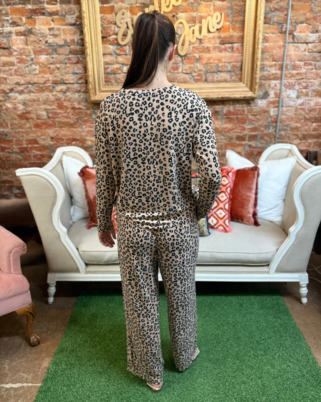 Sophie Leopard Print Pajama Set featuring an all-over leopard pattern; available in sizes XS–XL.