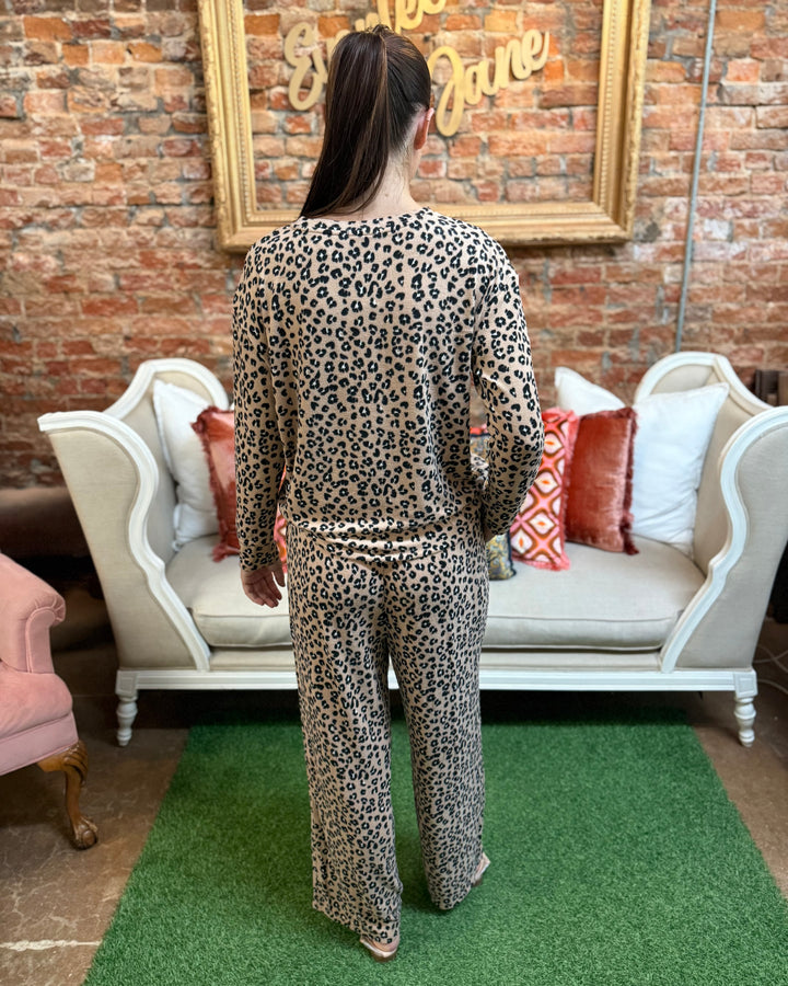 Sophie Leopard Print Pajama Set featuring an all-over leopard pattern; available in sizes XS–XL.
