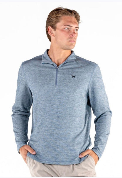 Men’s Denim Heather Quarterzip in light blue with small embroidered dog logo on chest; available in sizes S-XXL.
