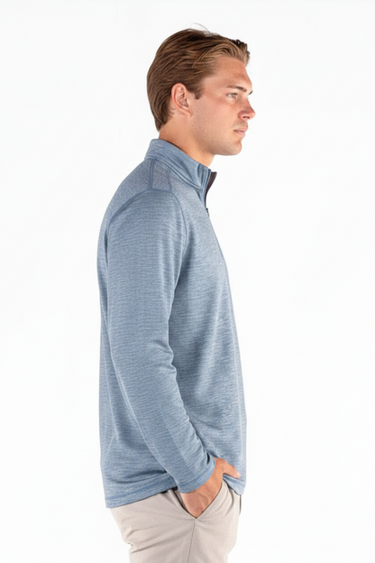Men’s Denim Heather Quarterzip, available in sizes S-XXL.