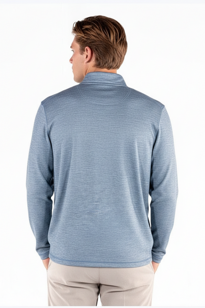 Men’s Denim Heather Quarterzip shown from the back; available in sizes S-XXL.