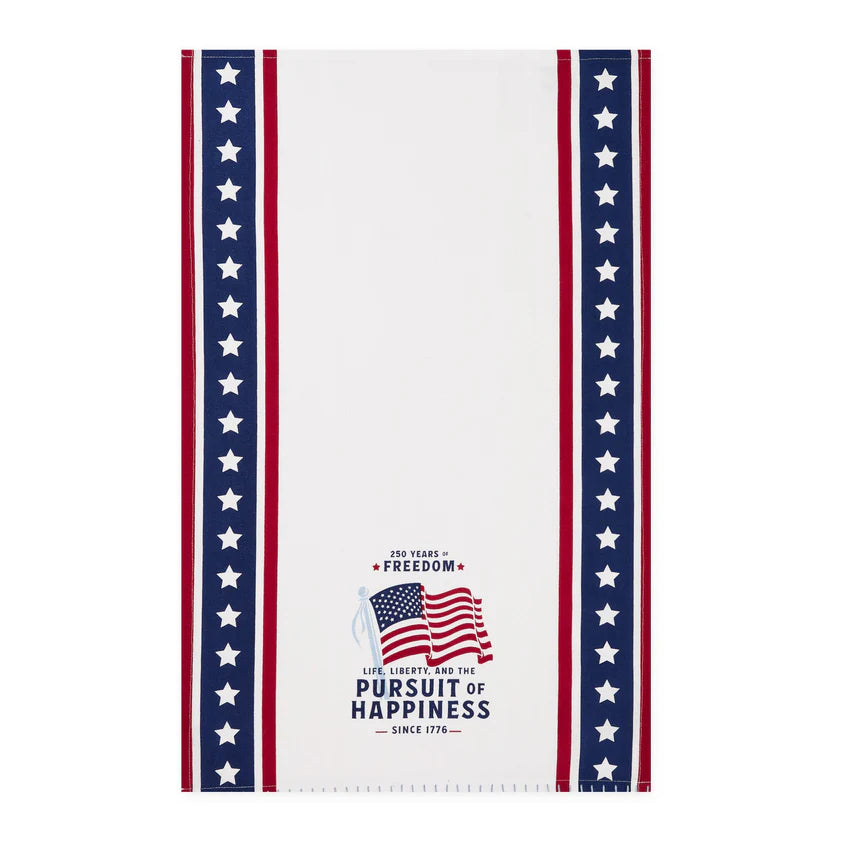 Life Liberty Happiness Dishtowel with red/blue stripes, stars, flag, slogan; available in 18x28 inches.