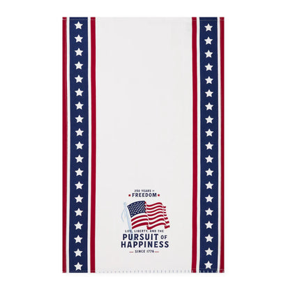 Life Liberty Happiness Dishtowel with red/blue stripes, stars, flag, slogan; available in 18x28 inches.