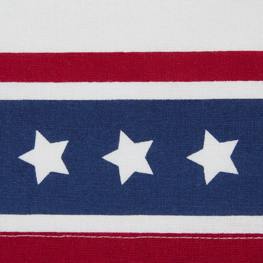 Life Liberty Happiness Dishtowel with red and white stripes, blue band, three white stars; available in standard size.