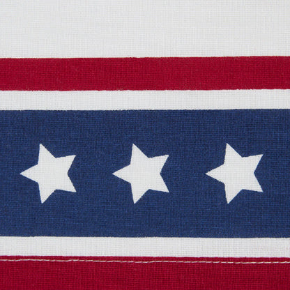 Life Liberty Happiness Dishtowel with red and white stripes, blue band, three white stars; available in standard size.