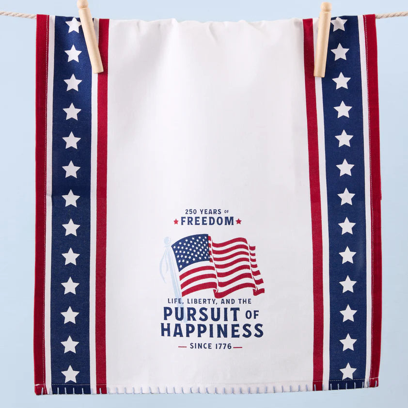 Patriotic dishtowel with red and blue star borders, flag, and “250 Years of Freedom” phrase. Available in standard size.