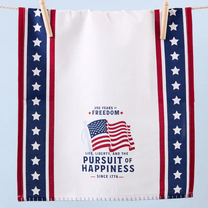 Patriotic dishtowel with red and blue star borders, flag, and “250 Years of Freedom” phrase. Available in standard size.