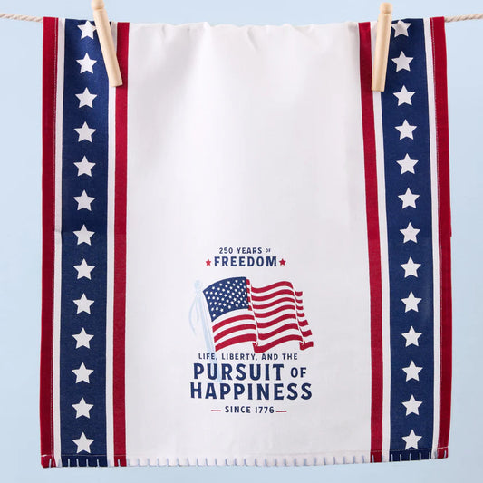 Patriotic dishtowel with red and blue star borders, flag, and “250 Years of Freedom” phrase. Available in standard size.